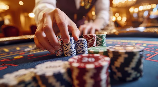 Live blackjack table with dealer and chips in high definition